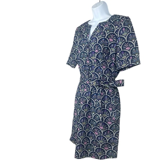 Talbots Poplin Belted Shirt Dress Short Sleeve Scalloped Floral Multi Size Large - Picture 10 of 12